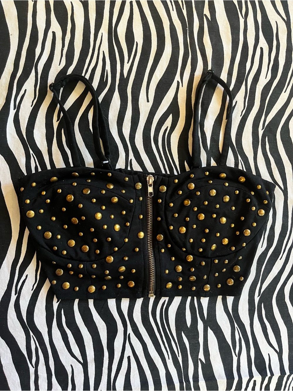 Love Culture Black Studded Zip-Front Bustier Crop Top with Gold Accents